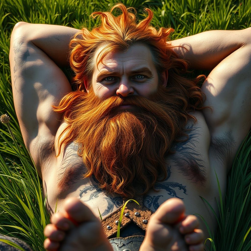 Weathered Viking Warrior Finds Serenity in a Lush Meadow