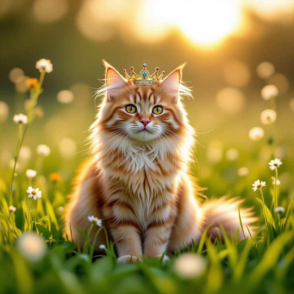 Regal Ginger Cat on Meadow in Storybook Style