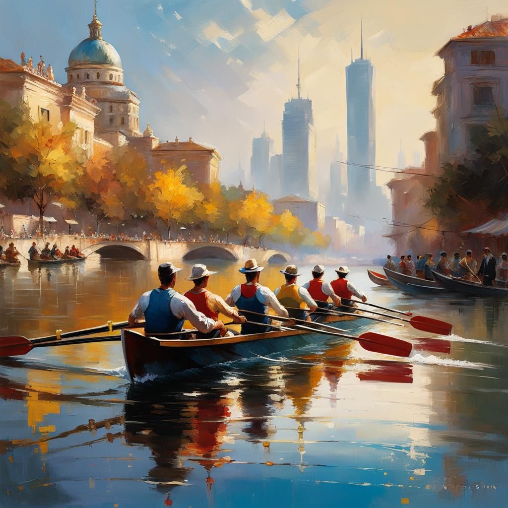 Rowing Teamwork: Hyper-Realistic Cityscape Action Shot