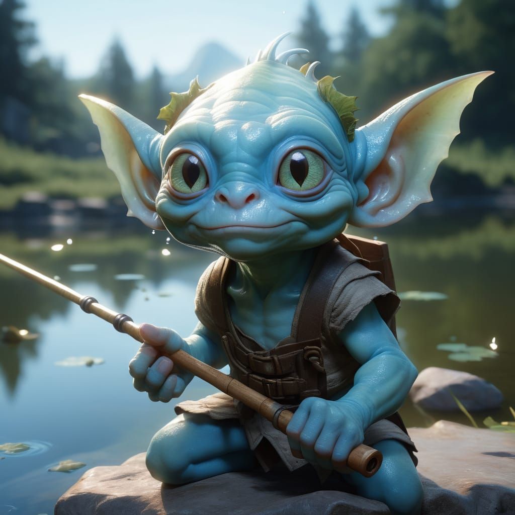 Cute Blue Goblin Fishing: Detailed Digital Art Portrait