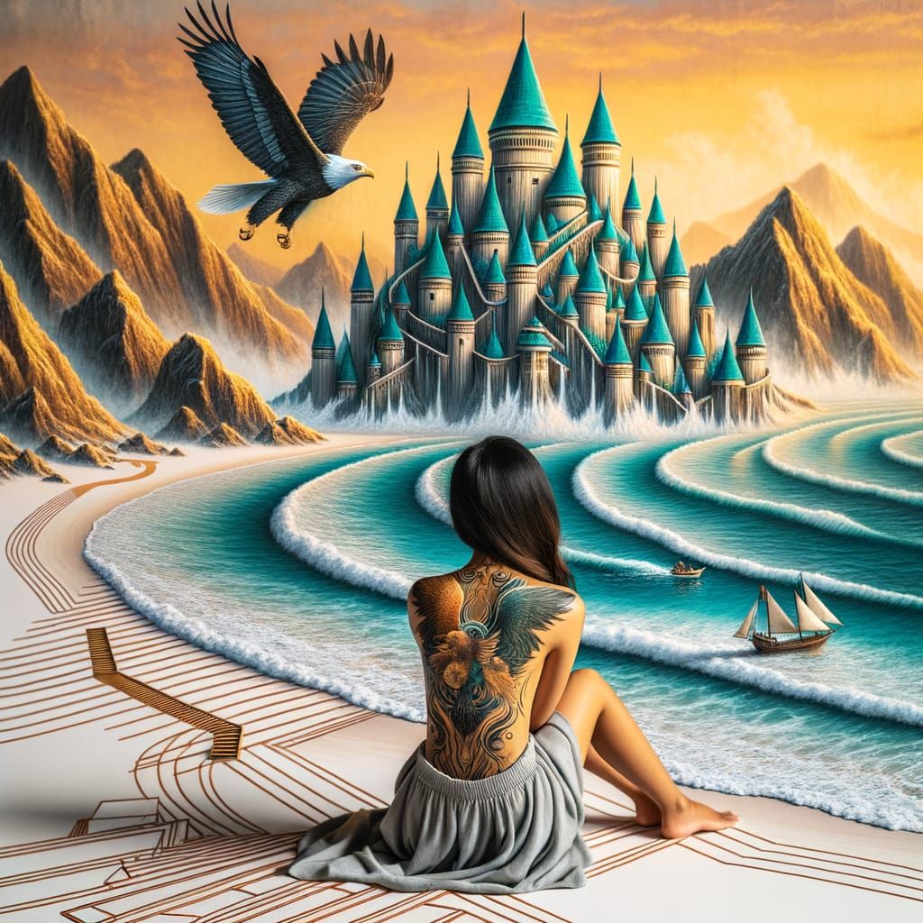 5D, black Knight, close up of a sand girl on a white beach, ...