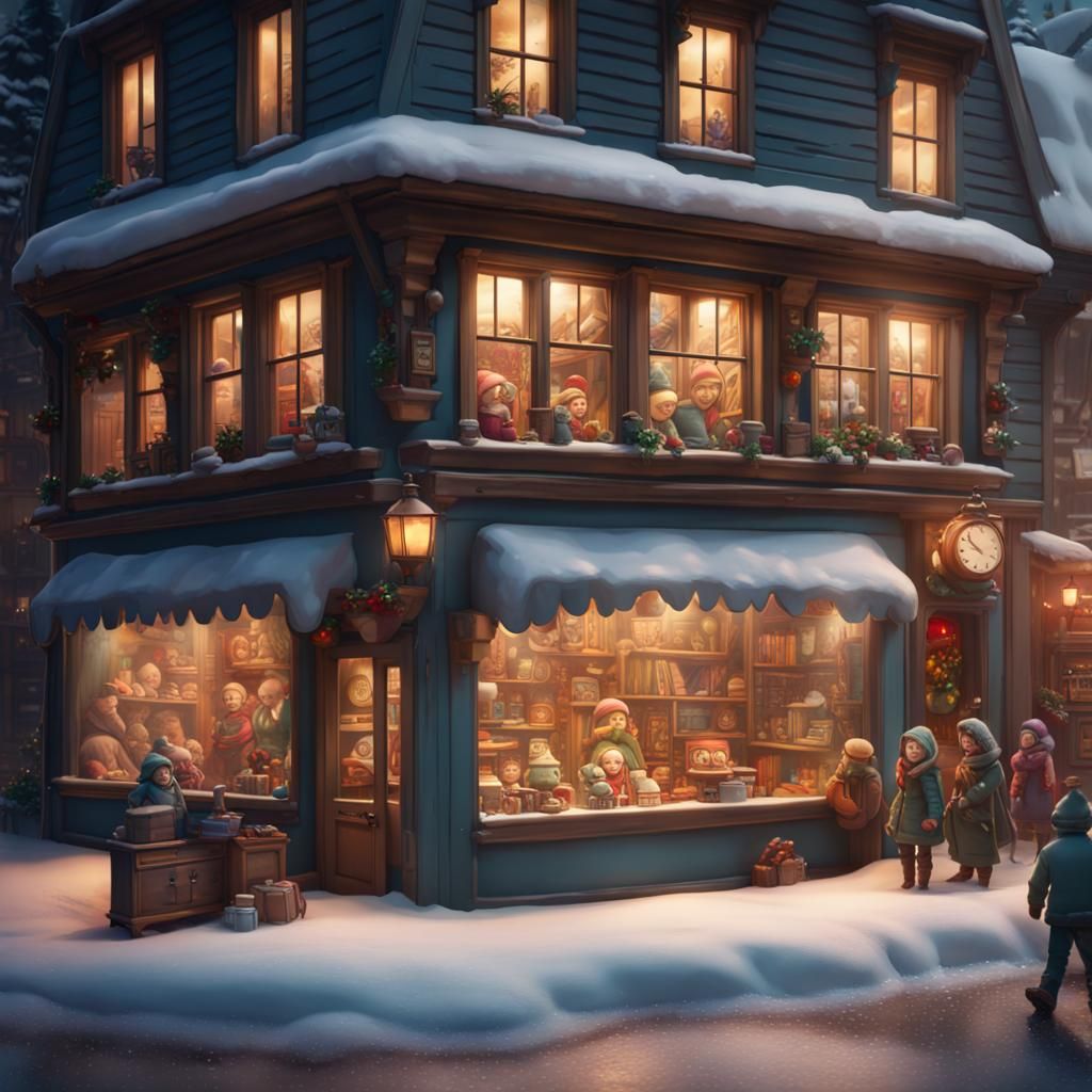 Cozy Toy Shop in Snowy Town: Matte Painting