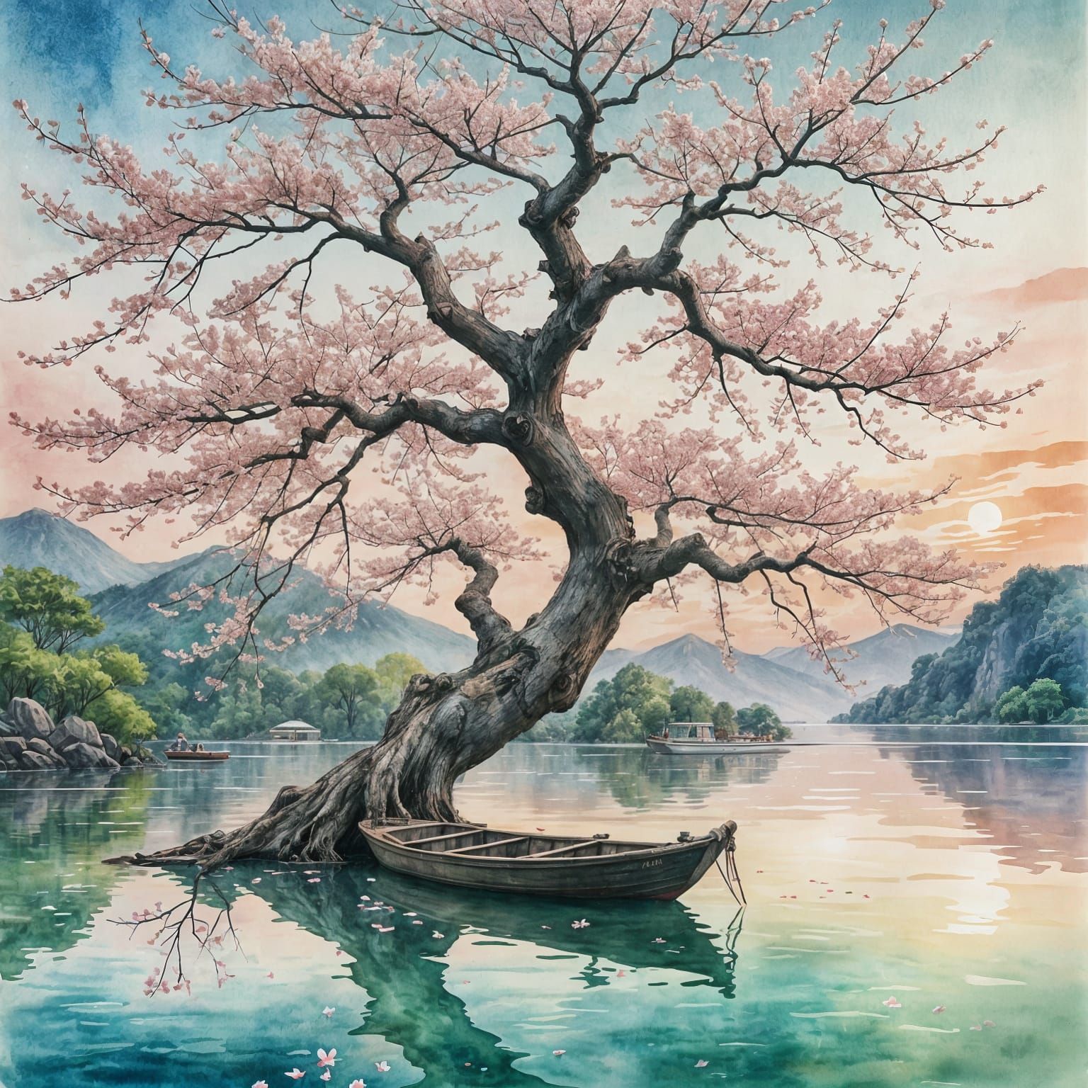 Cherry Blossom Tree over Lake: Watercolor Japan Art