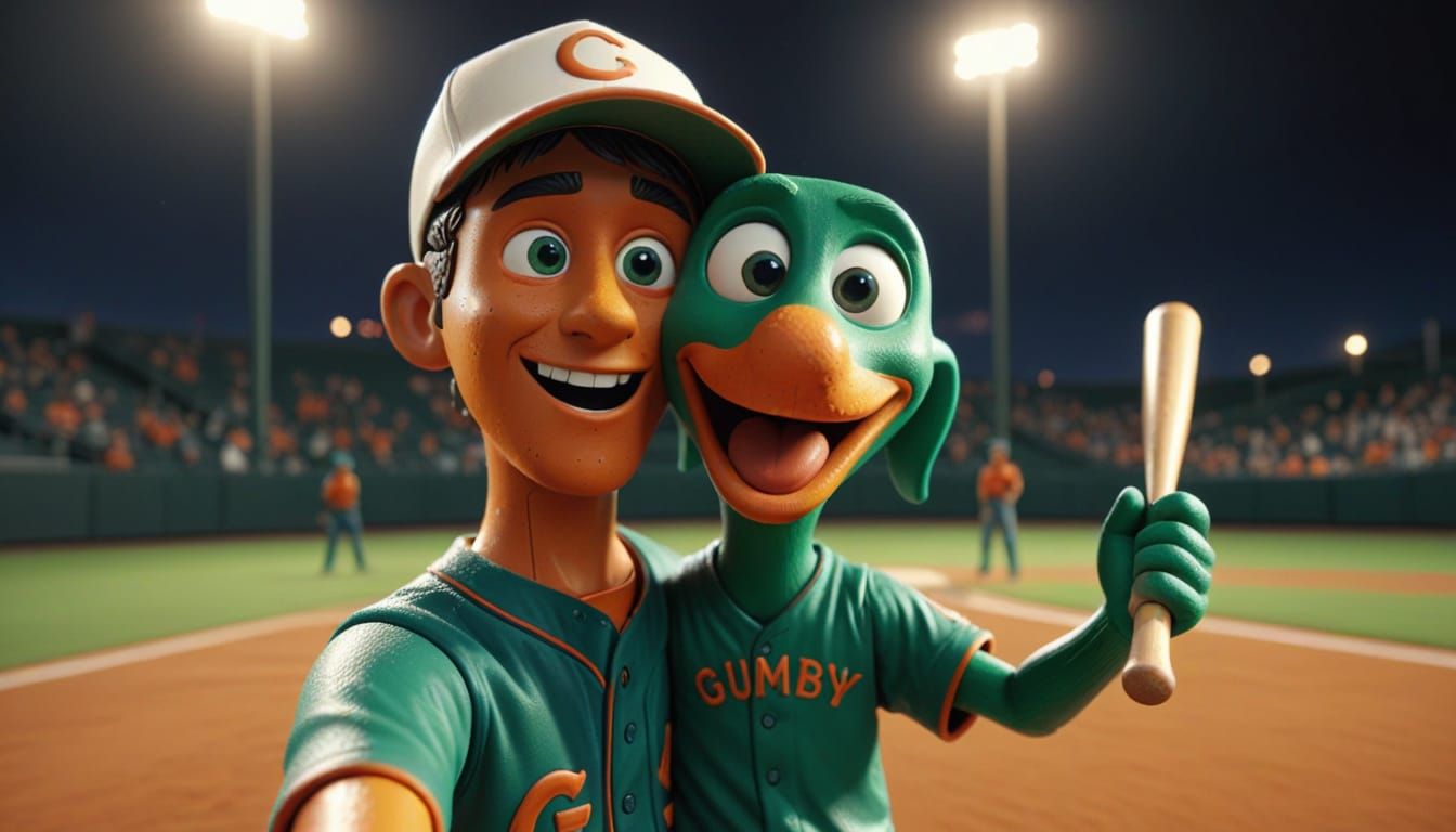 Gumby and Boy Play Baseball in Claymation Style