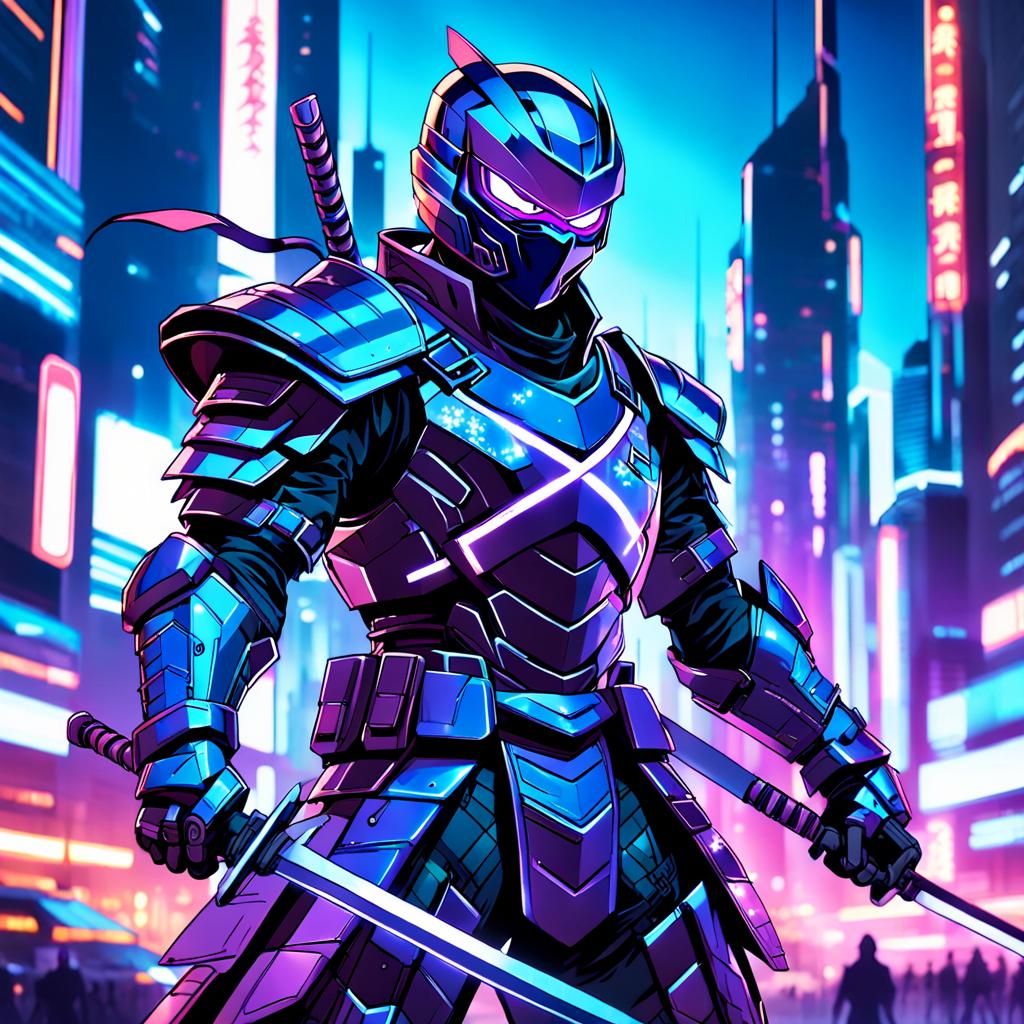 Armored Ninja in Futuristic City Anime Illustration