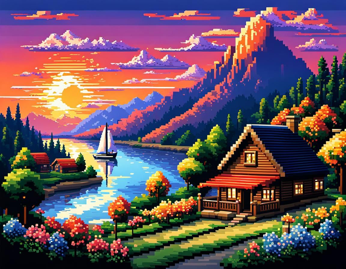Pixel Art Sunset Landscape with Sailboat