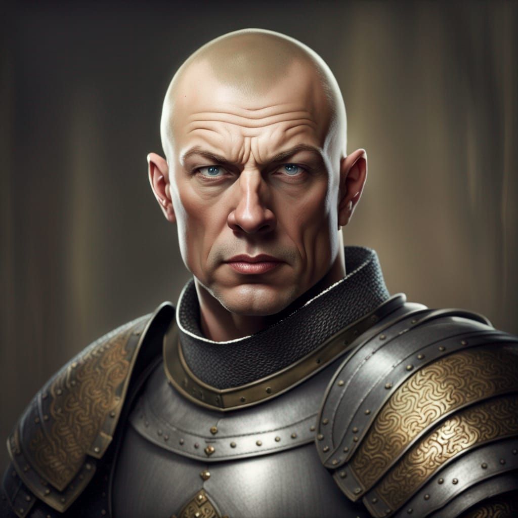 Stern Armored Man with Buzz Cut and Grey Eyes