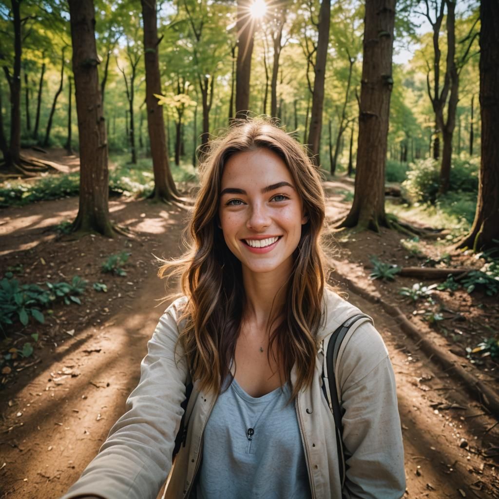 Young Woman Smiling in Warm-Toned Outdoor Selfie