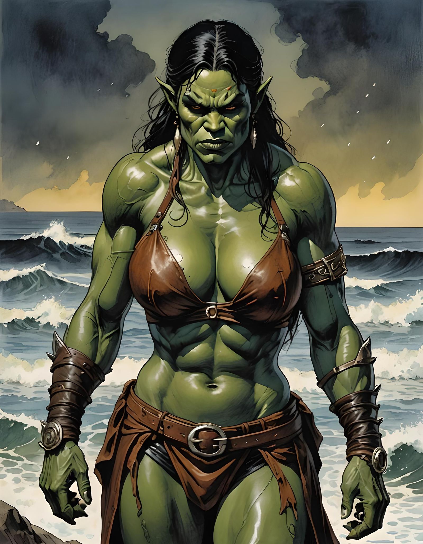 Muscular Orc Emerges from Ocean: Ink Masterpiece