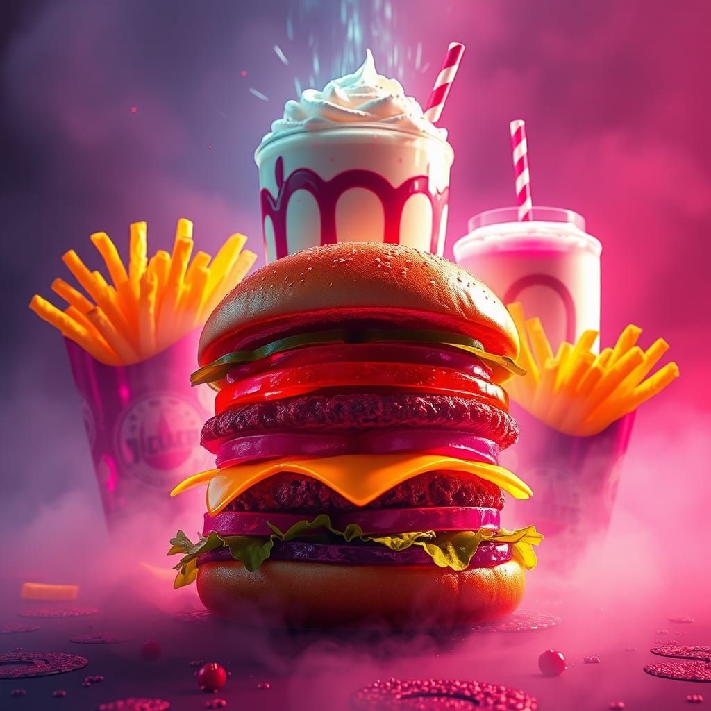 Burger and Milkshake in Dreamy Futuristic Haze