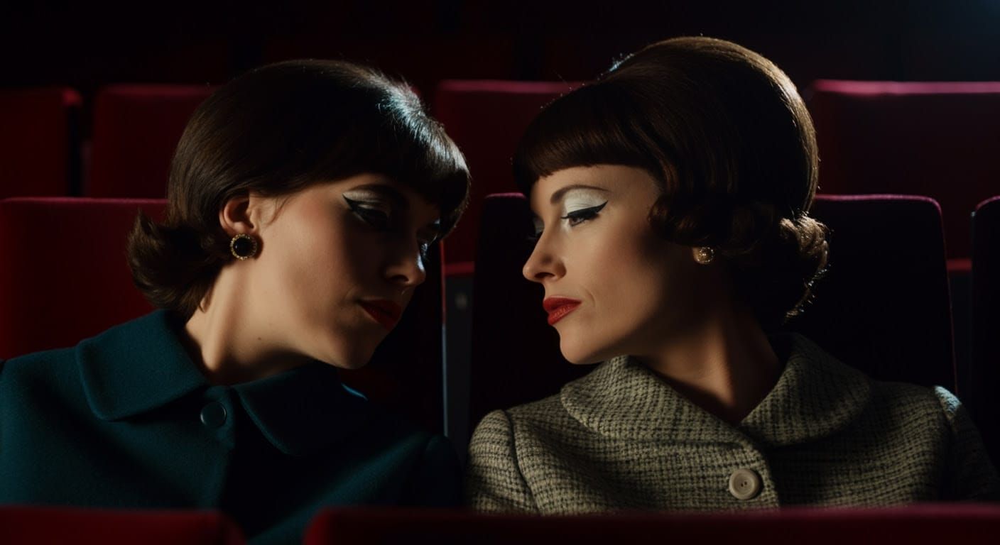 Seductive Women Share Secret Glances in Smoky Cinema, 1960s....