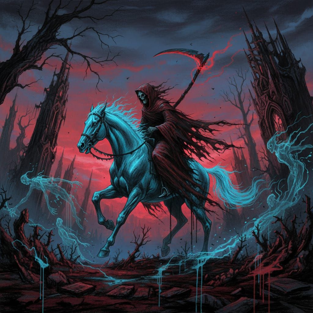 Spectral Ghost Reaper in Eerie Twilight Landscape