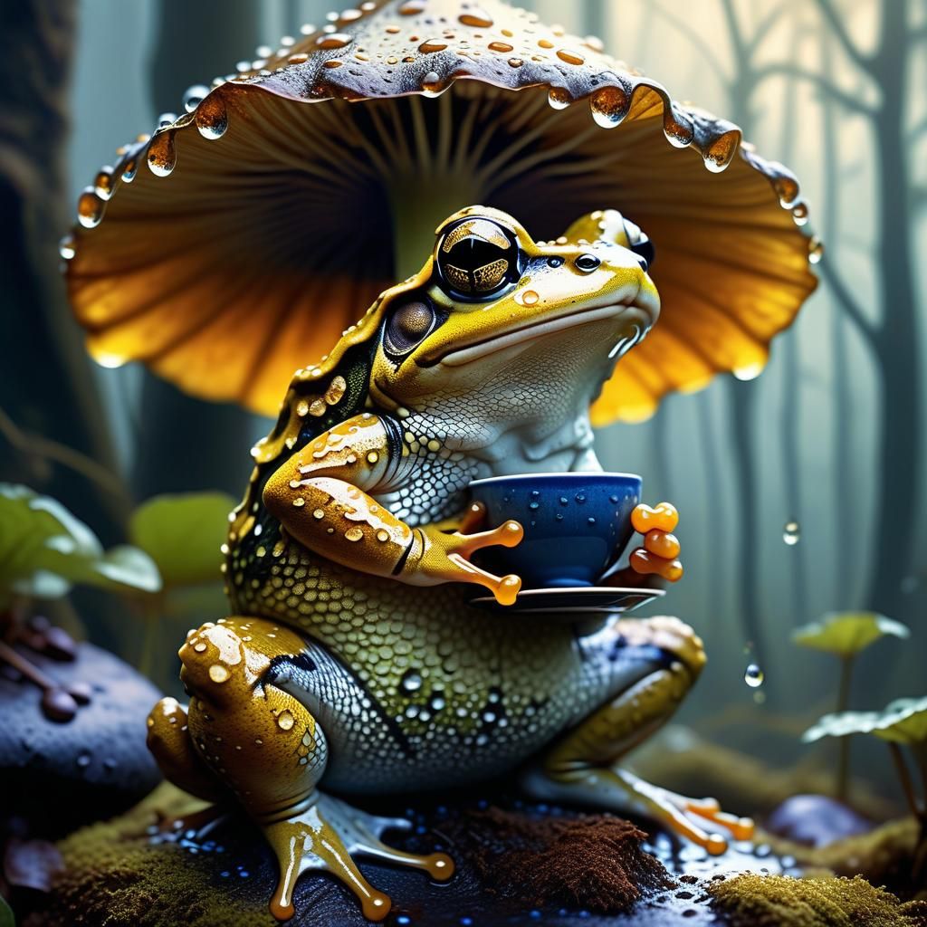 Asian Horn Frog Sipping Coffee in Misty Forest