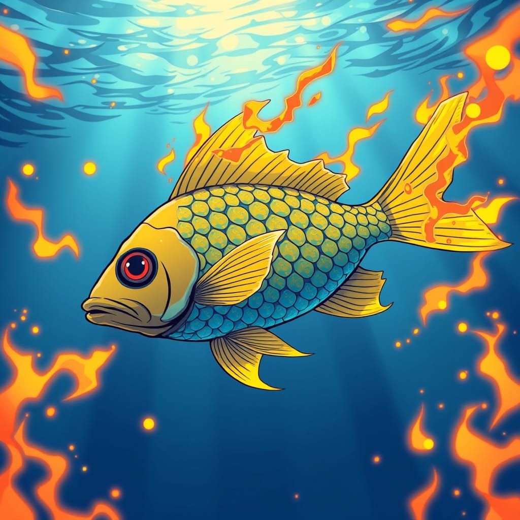 Vibrant Blue and Yellow Fish in an Underwater Inferno