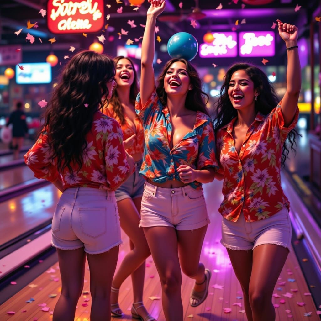 Joyful Hawaiian Women Celebrate Strike in Retro Bowling Alle...