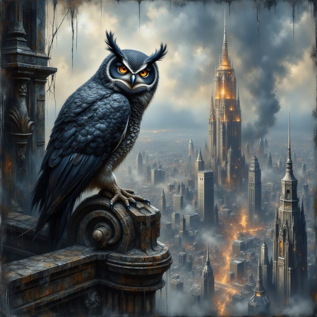 Majestic Owl on Gothic Gargoyle Over Futuristic City