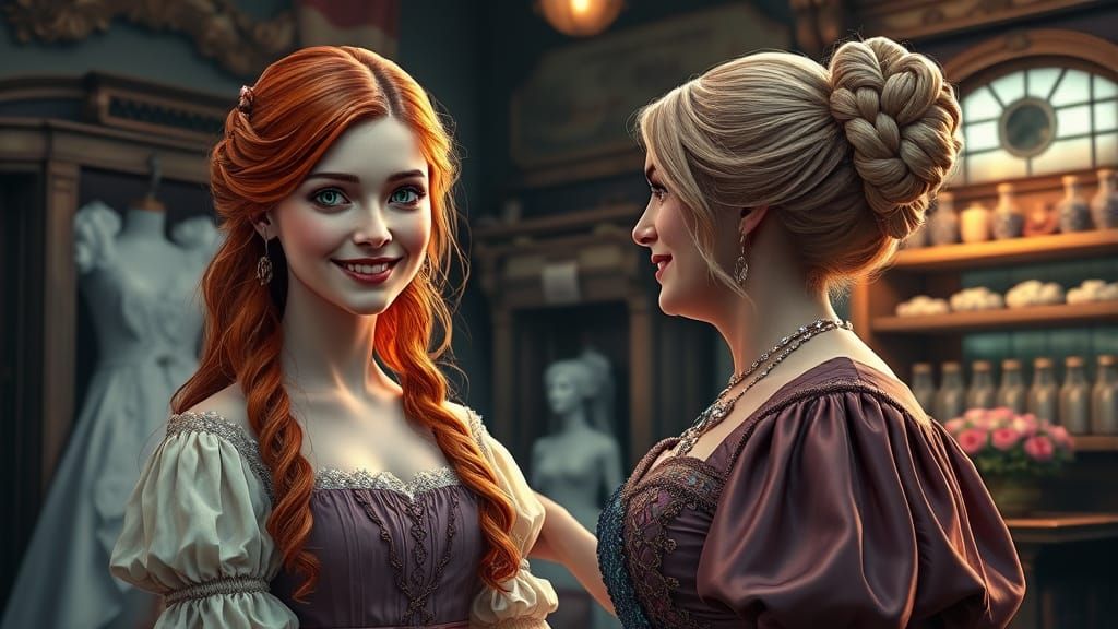 Mother and Daughter in Regency-Era Fantasy Bridal Shop