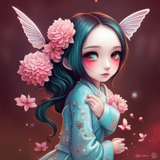 Adorable Chibi Geisha in Dreamy Floral Portrait