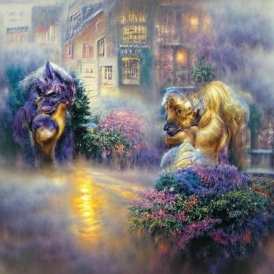 Golden Lion and Purple Wolf in Ethereal Mist
