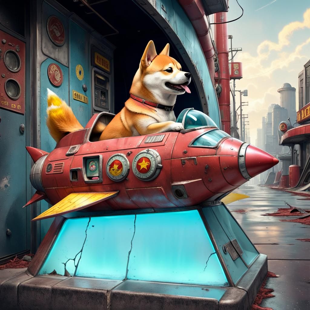 Cartoon Shiba Inu Piloting Rocket Ride