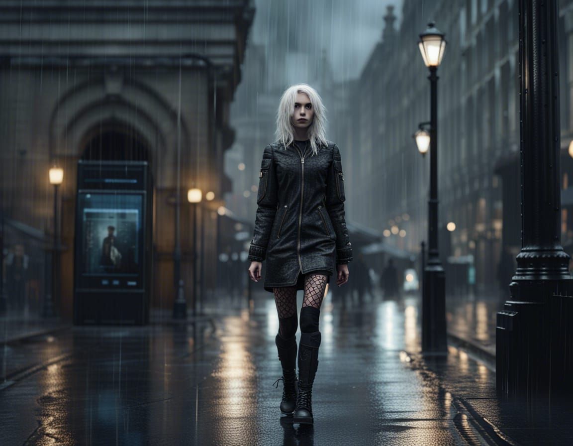 Goth Girl Walks in London Rain, Hyperdetailed 8K
