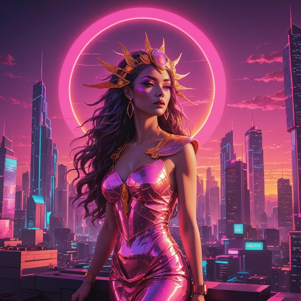 Sun Goddess in Mythic Synthwave Cityscape