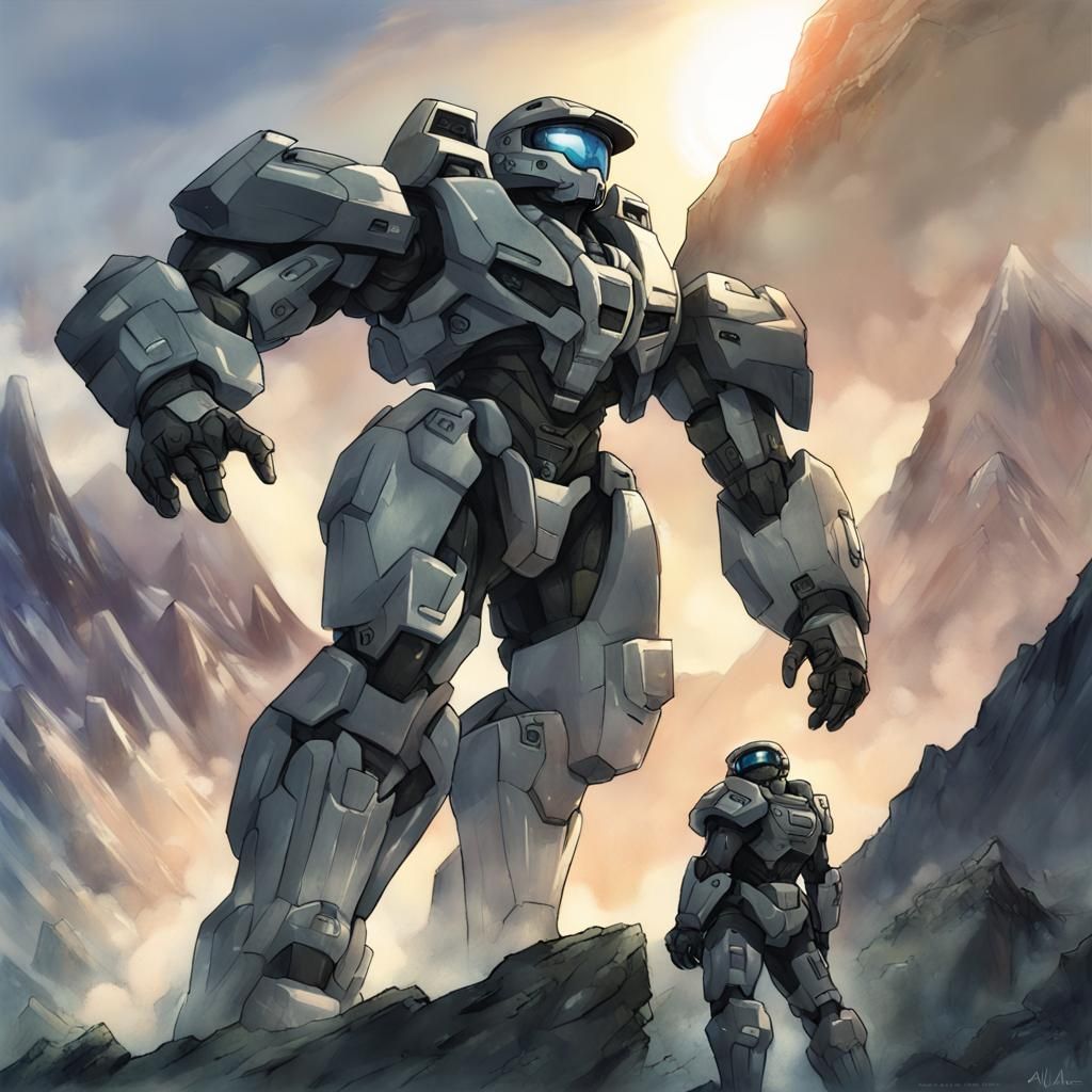 Anime Mech Spartan Giant Holds Mountain