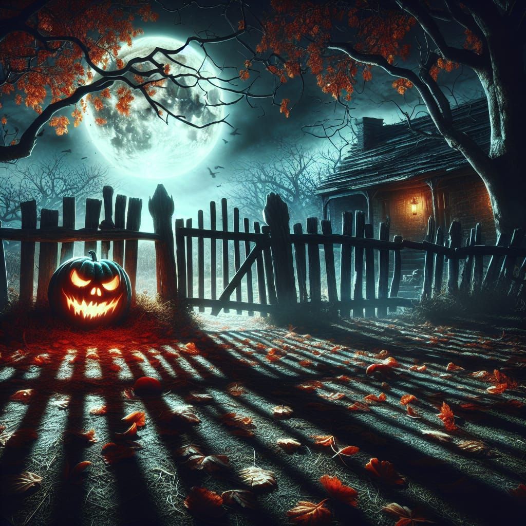 Eerie Halloween Night Landscape with Grotesque Pumpkin