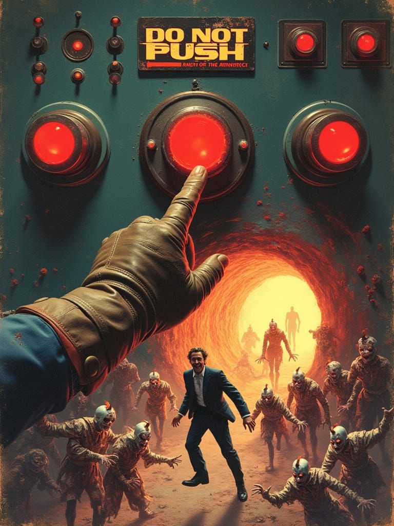 Futuristic Warning Ignites Hellish Portal in Diagonal Split-...