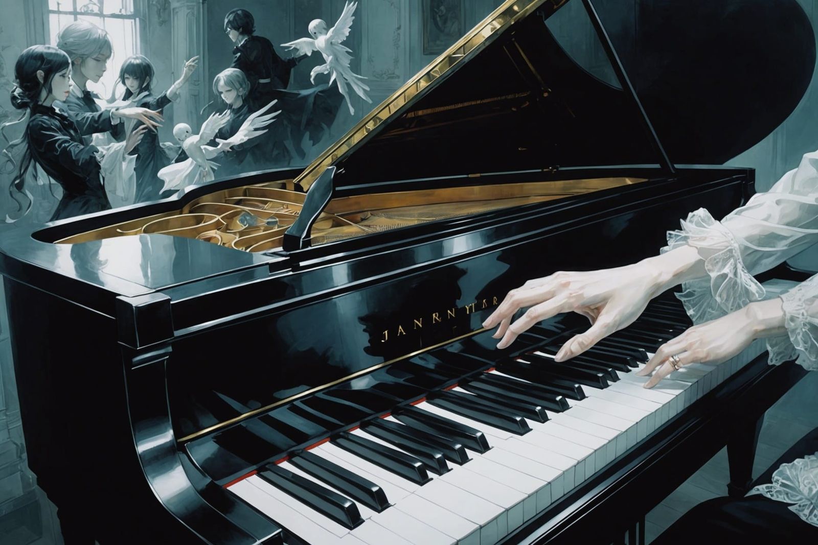 Ghostly Hands Above Piano: Fantasy Illustration