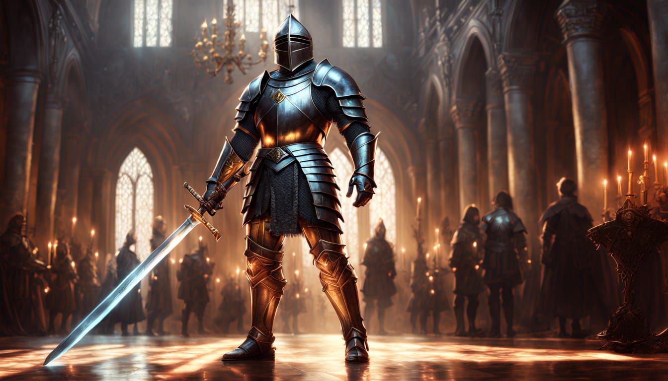 Knight with Glowing Sword in Renaissance Studio
