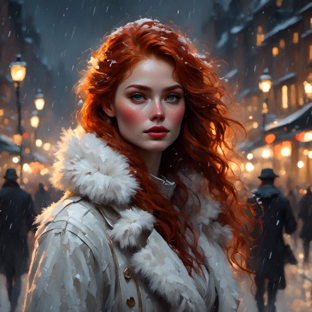 Red-Haired Woman in Winter Snowstorm Portrait