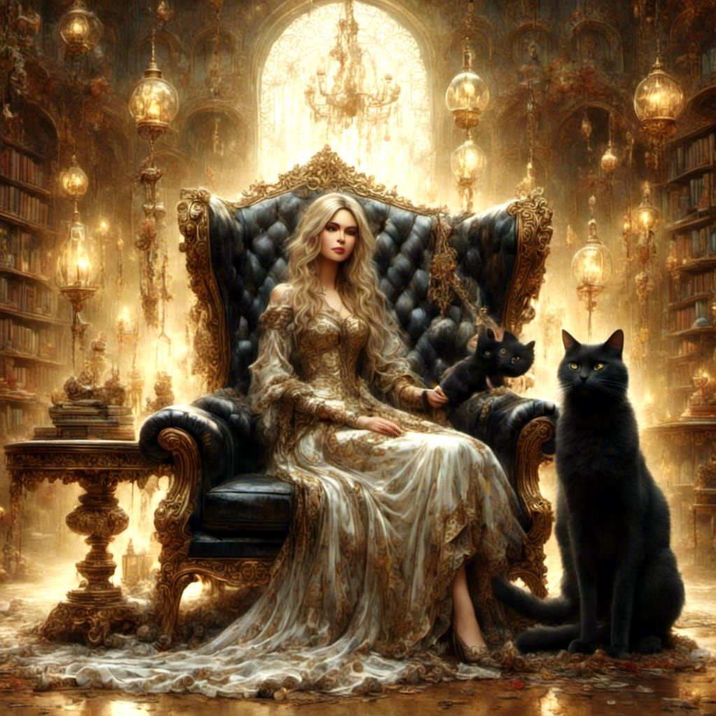 Sorceress and Black Cat in Mystical Library