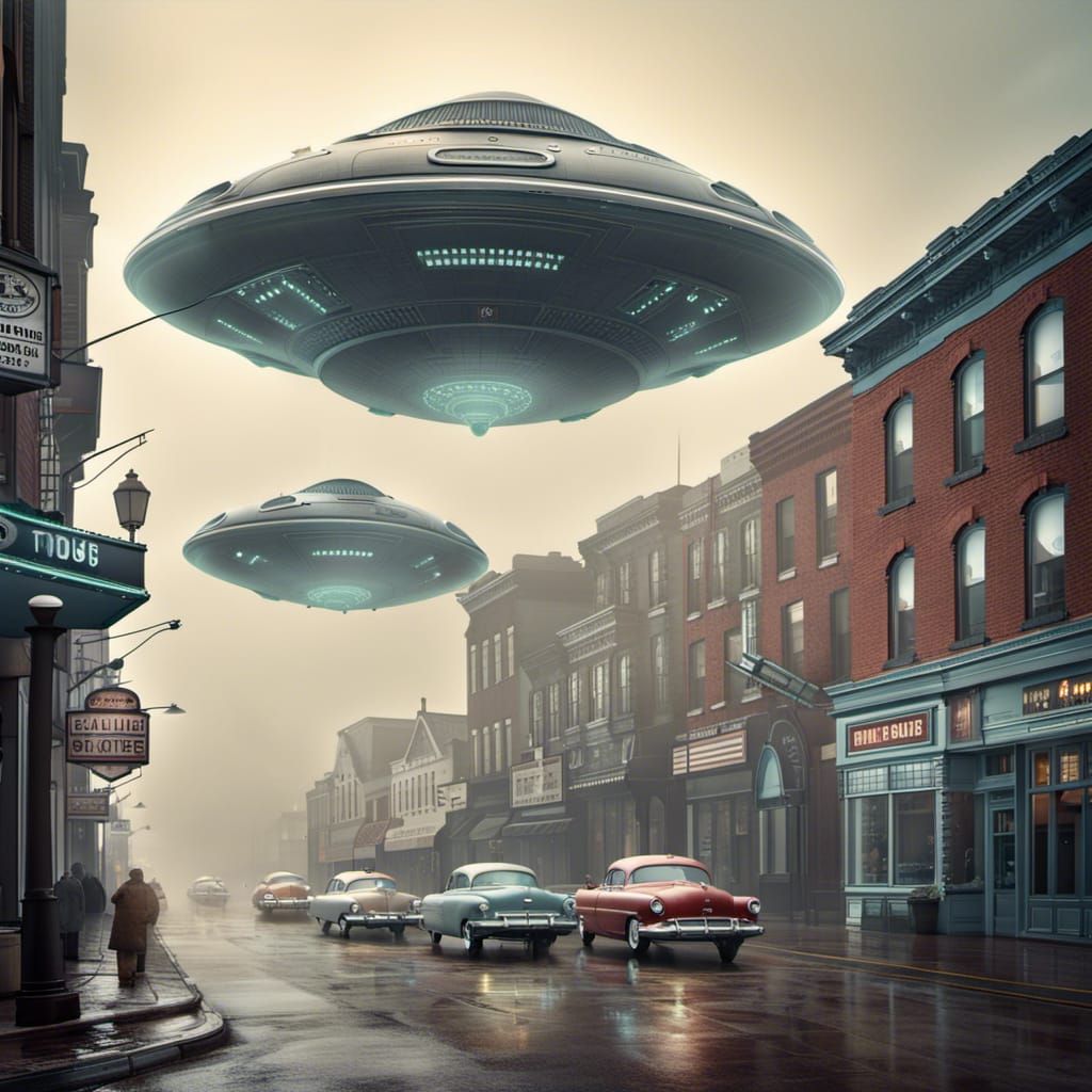 Alien Invasion Over 1950s Main Street