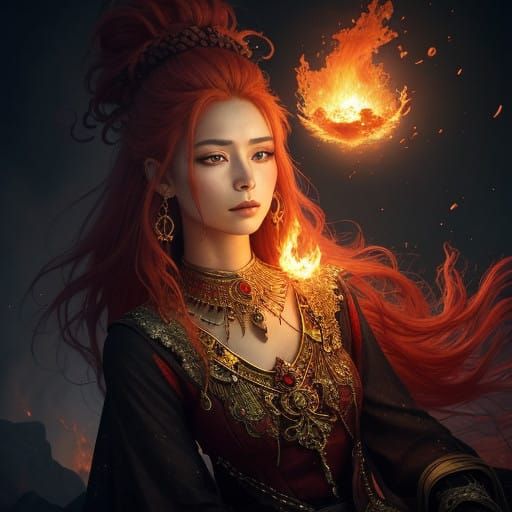 Mystical Fire Spirit Contemplates Volcanic Depths