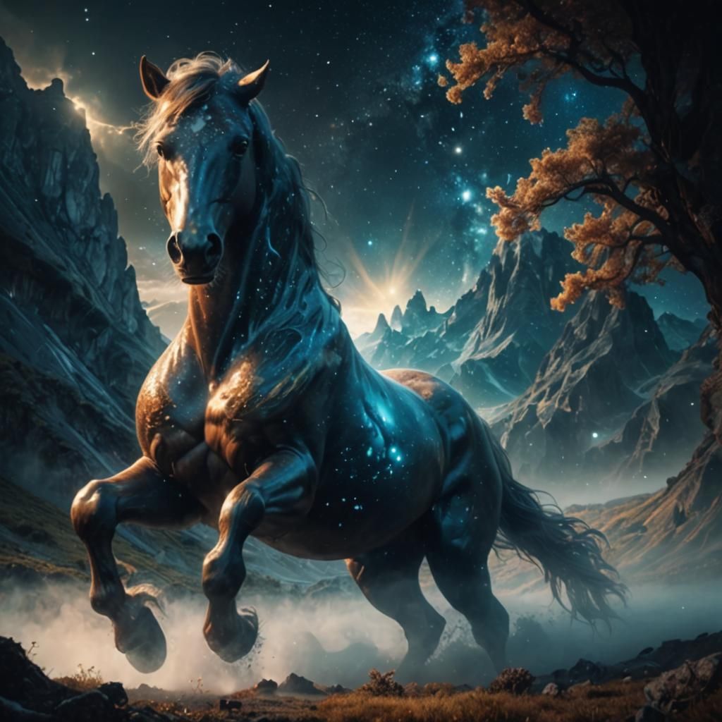 Surreal Galaxy Horse Constellation in Dreamlike Landscape
