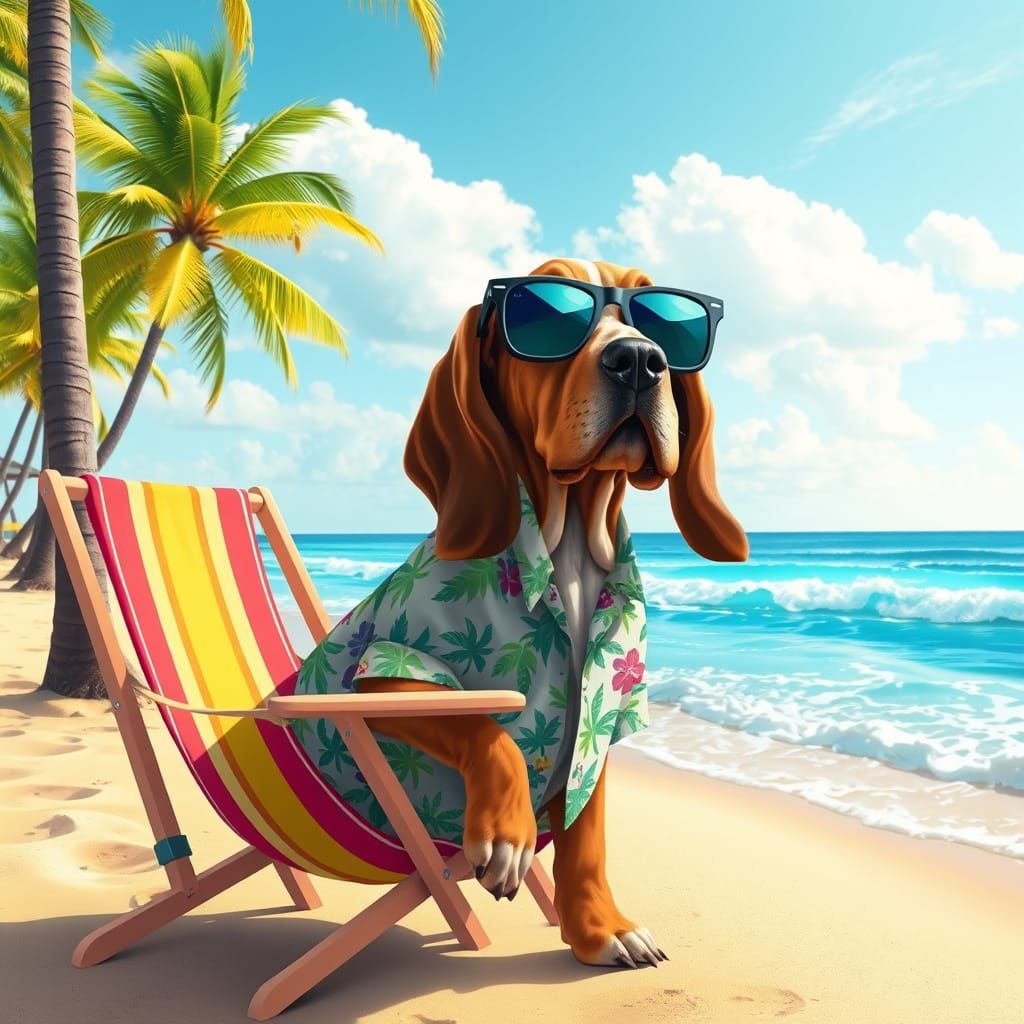 Surreal Beach Dog in Tropical Paradise with Palm Trees