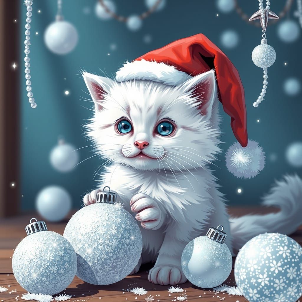 Kitten Batting Christmas Ornaments in Comic Book Style