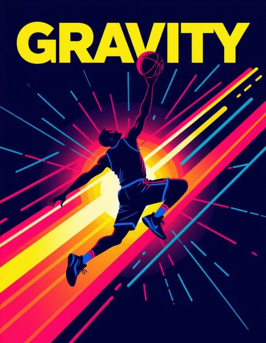 Gravity-Defying Slam Dunk Poster in Retro-Futuristic Style