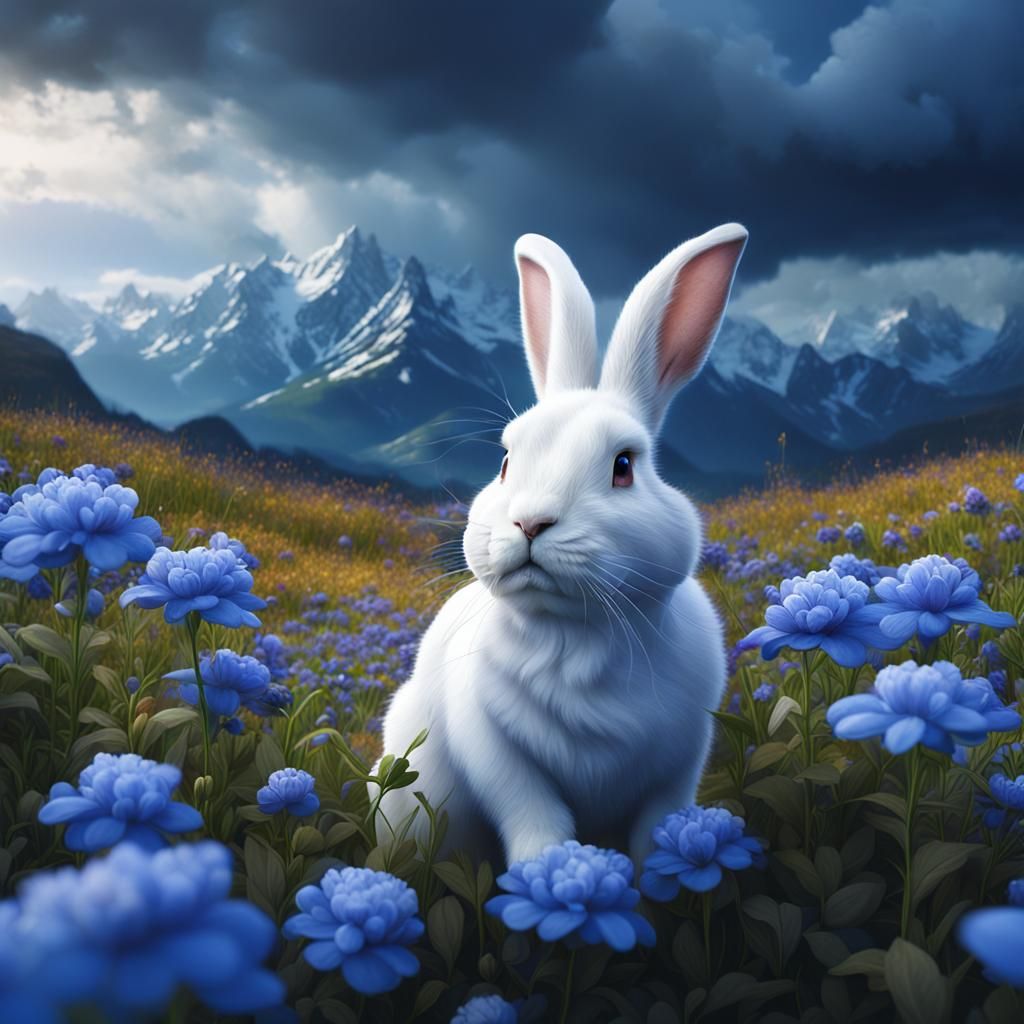 White Rabbit in Blue Flower Field, Detailed Matte Painting