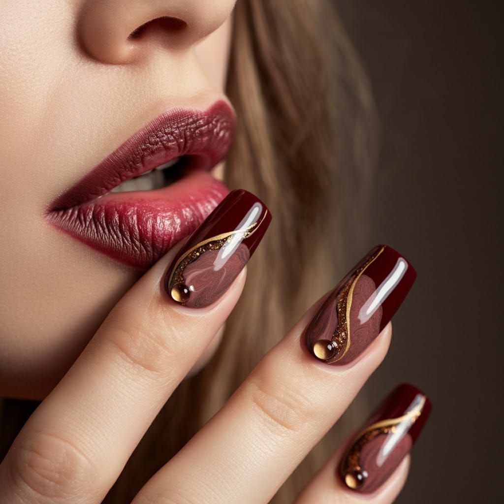 Burgundy Nails with Abstract Chocolate and Gold Design