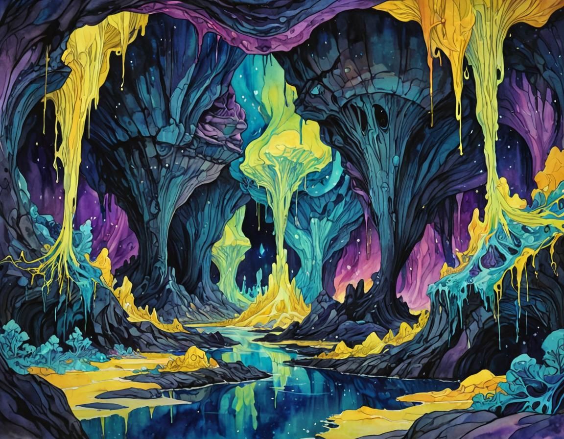 Otherworldly Caverns with Bioluminescent Ooze, Ink and Water...