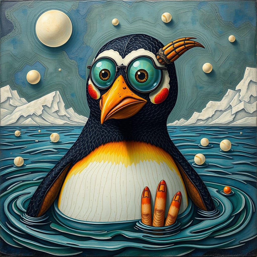 Surreal Penguin in Parametric Bubble, Impasto Art