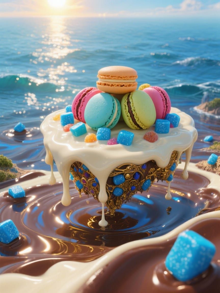 Macaron Island on White Chocolate Sea, Hyperrealistic Digita...