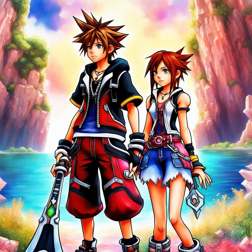 Kingdom Hearts Sora and Kairi in Watercolors