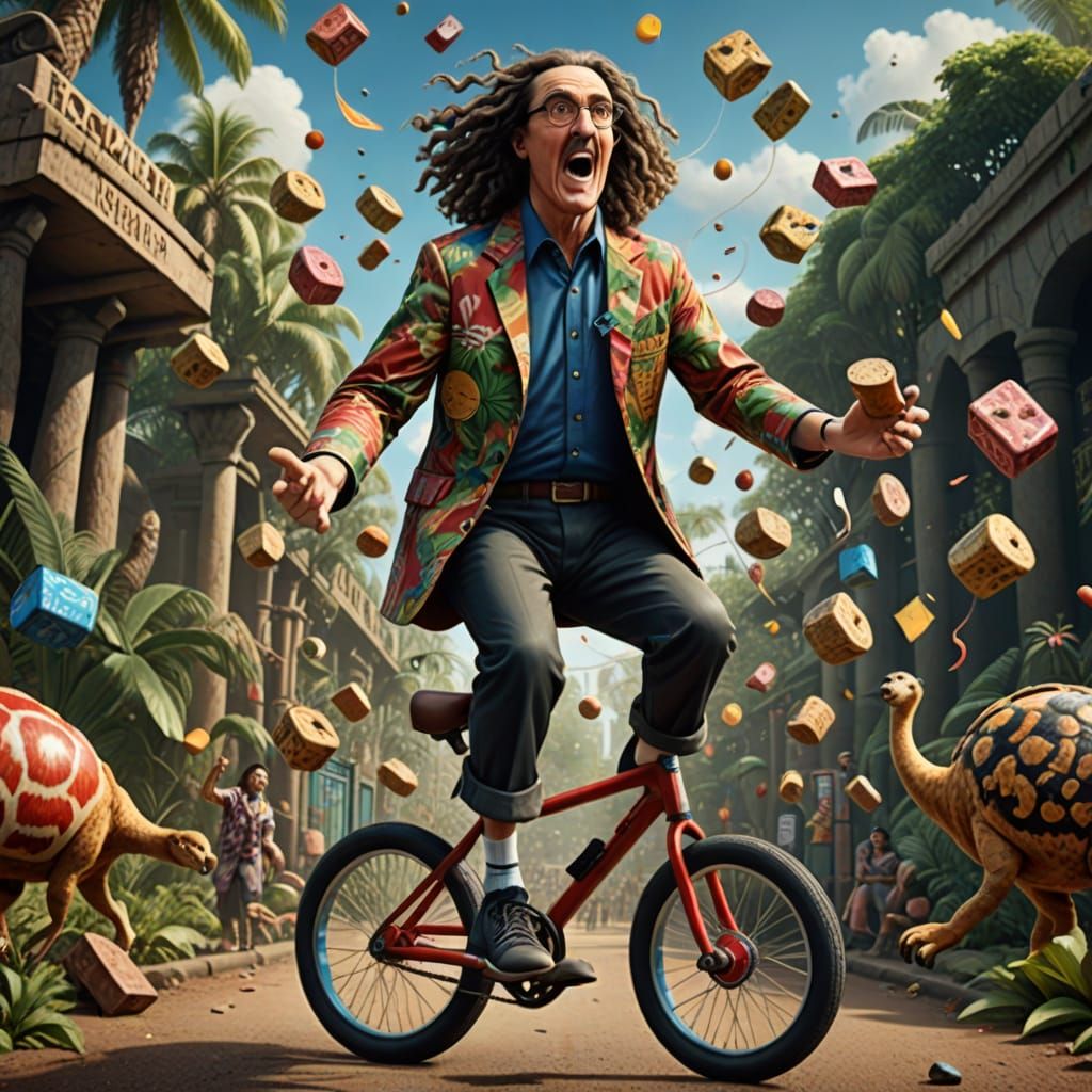 Weird Al Yankovic attempting to juggle Spam amidst strange a...