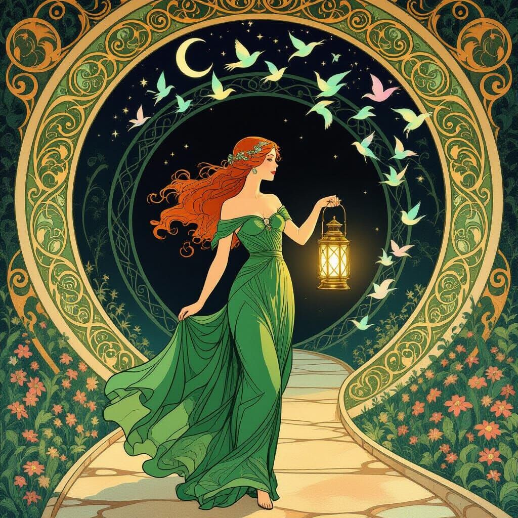Art Nouveau Girl with Lantern Walks Starry Tunnel Paths