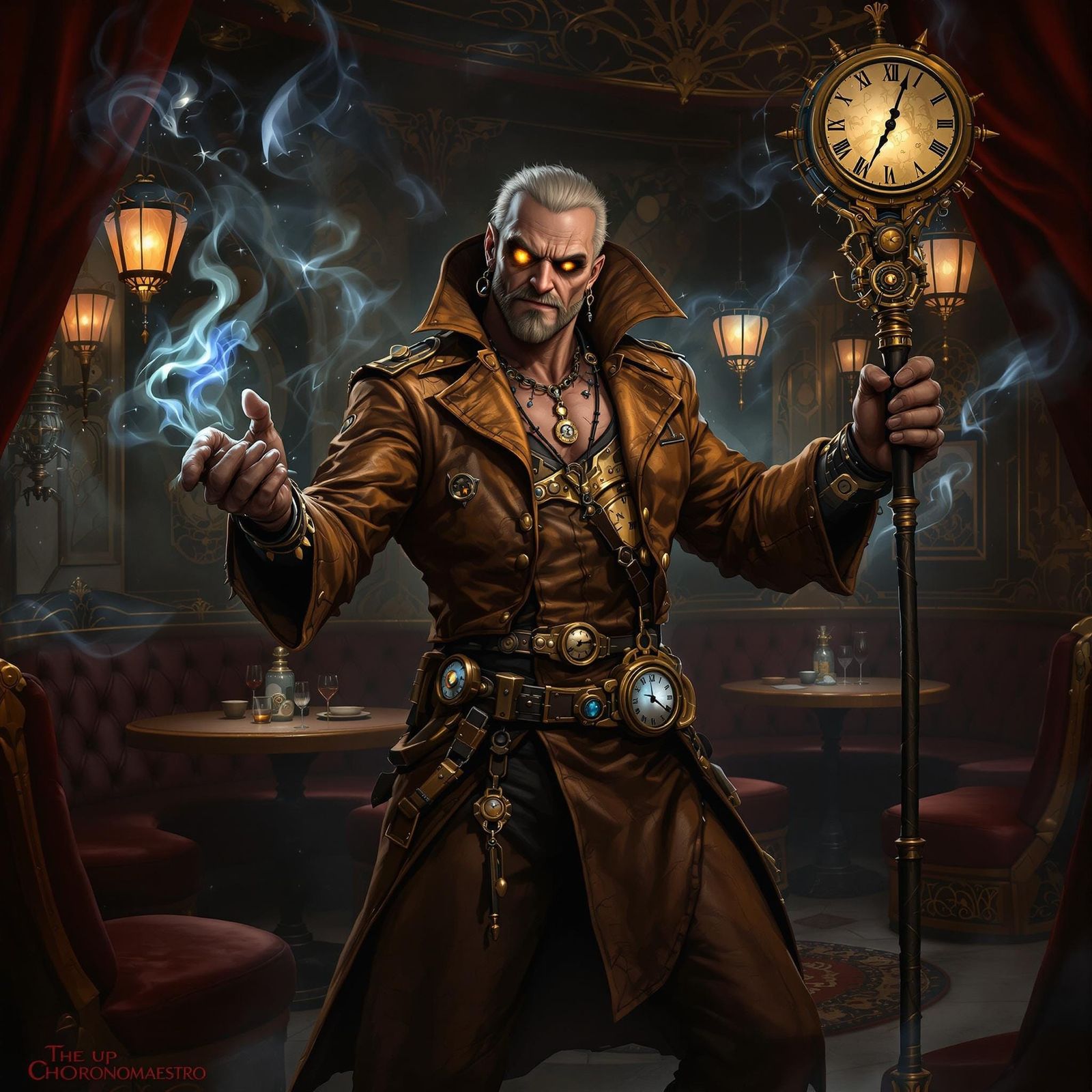 Dieselpunk Supervillain Chronomaestro in Steampunk Speakeasy
