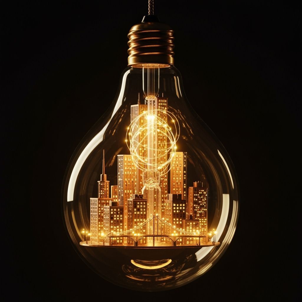 Glowing Miniature City in Glass Bulb