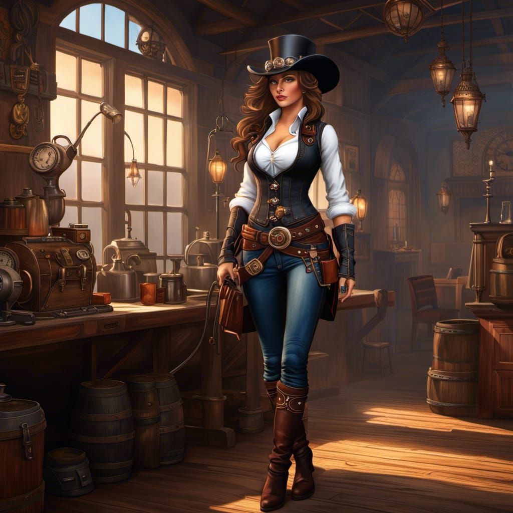 Steampunk Cowgirl in Wild West Saloon